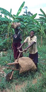 Boy with wooden 'bicycle' and woman headloading in Tanzania